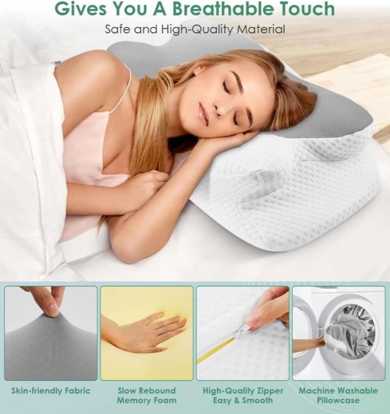 Woman sleeping on the Royal Rest Sleep Support Memory Foam Pillow, with breathable cover and memory foam details