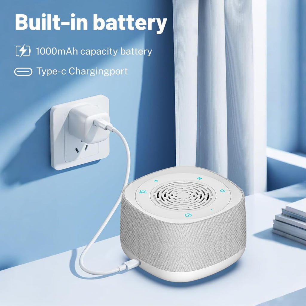 Royal Rest White Noise Sleep Machine with built-in rechargeable battery and USB-C charging