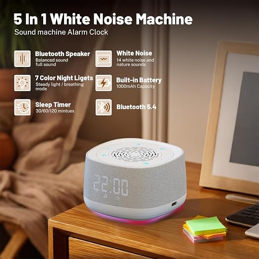 Royal Rest White Noise Sleep Machine features: Bluetooth speaker, 14 sounds, 7-colour night light, built-in battery, sleep timer