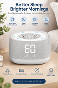 Royal Rest White Noise Sleep Machine on a bedside table: white noise and nature sounds, sleep timer, dimmable display, alarm clock