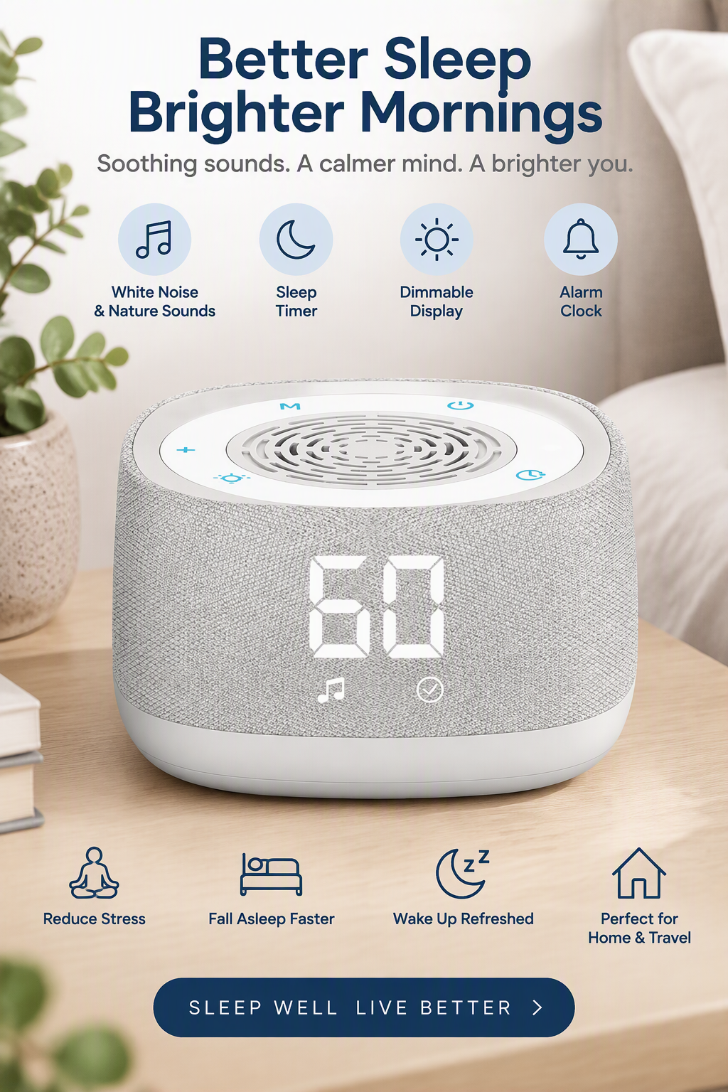 Royal Rest White Noise Sleep Machine on a bedside table: white noise and nature sounds, sleep timer, dimmable display, alarm clock