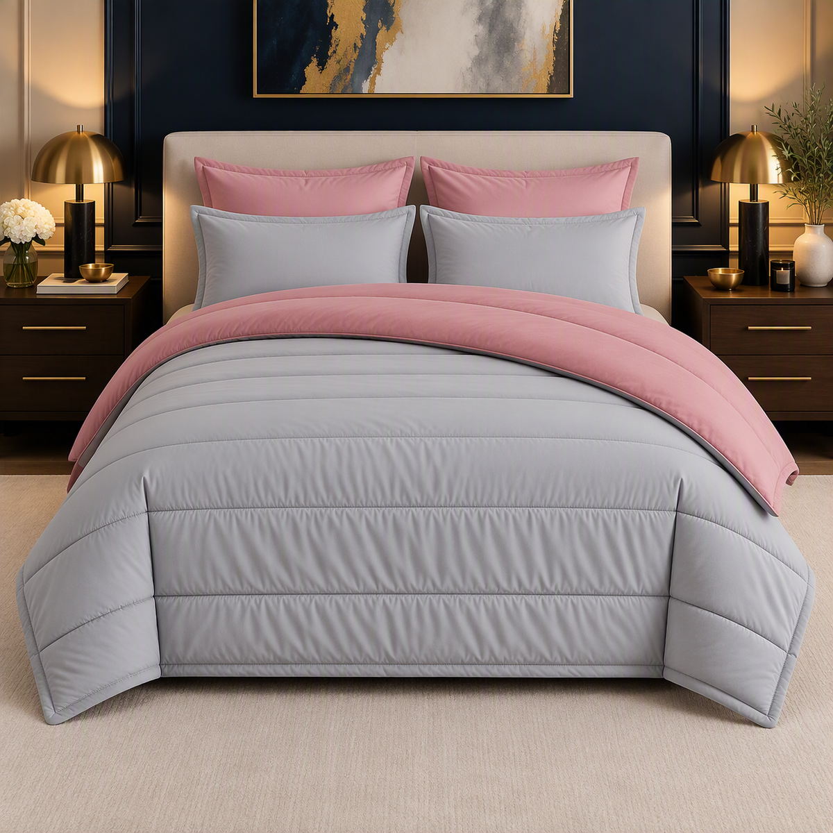 Dusty Pink & Silver reversible comforter set, silver side up