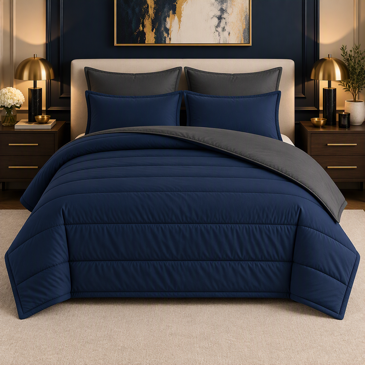 Charcoal & Navy reversible comforter set, navy side up