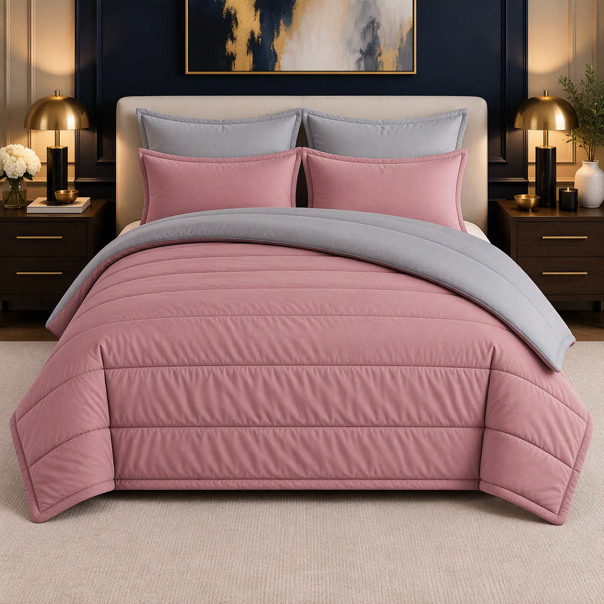 Dusty Pink & Silver reversible comforter set, pink side up