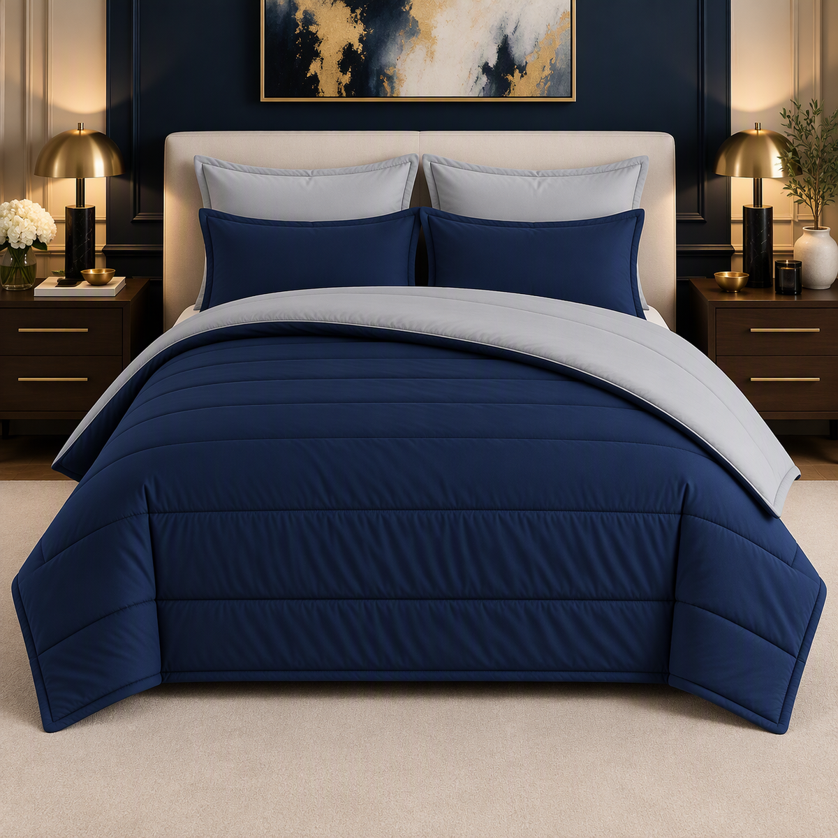 Navy & Silver reversible comforter set, navy side up