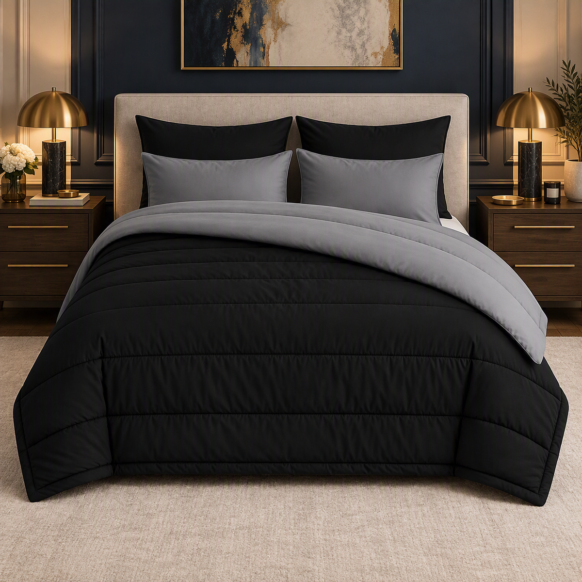 Black & Grey reversible comforter set, black side up