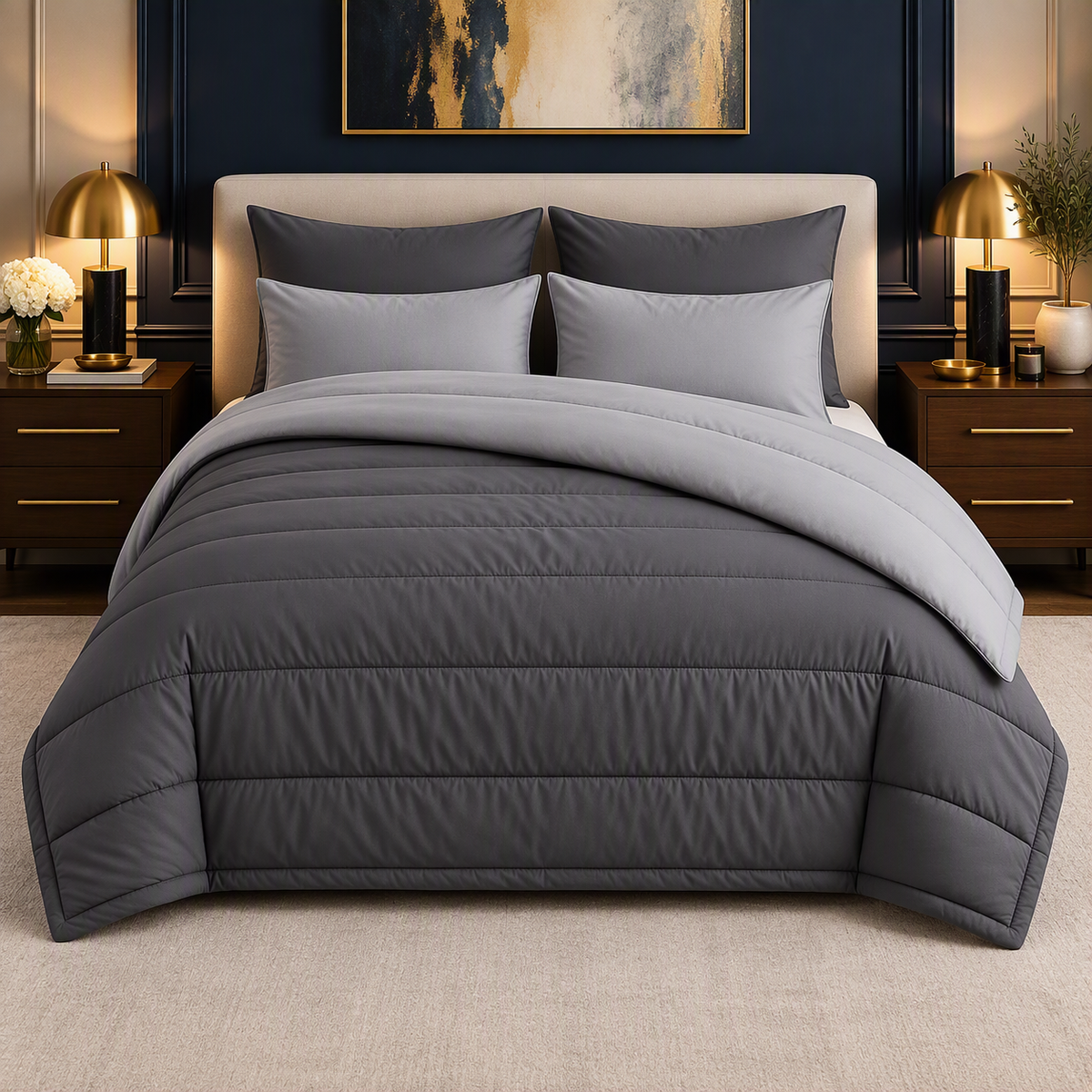 Charcoal & Grey reversible comforter set, charcoal side up