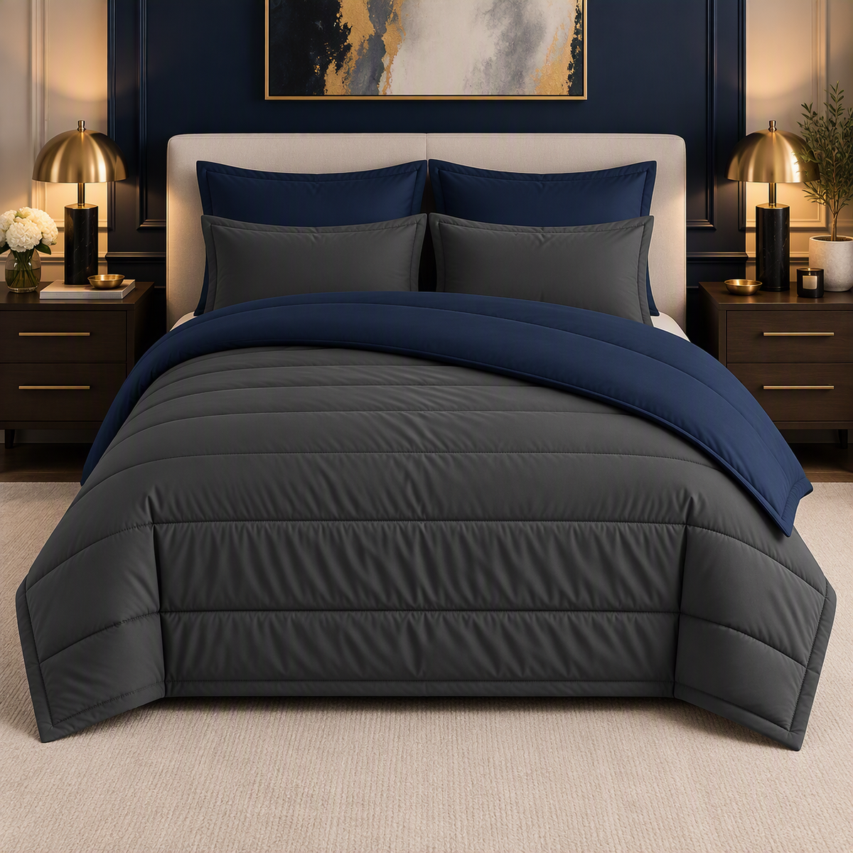 Charcoal & Navy reversible comforter set, charcoal side up