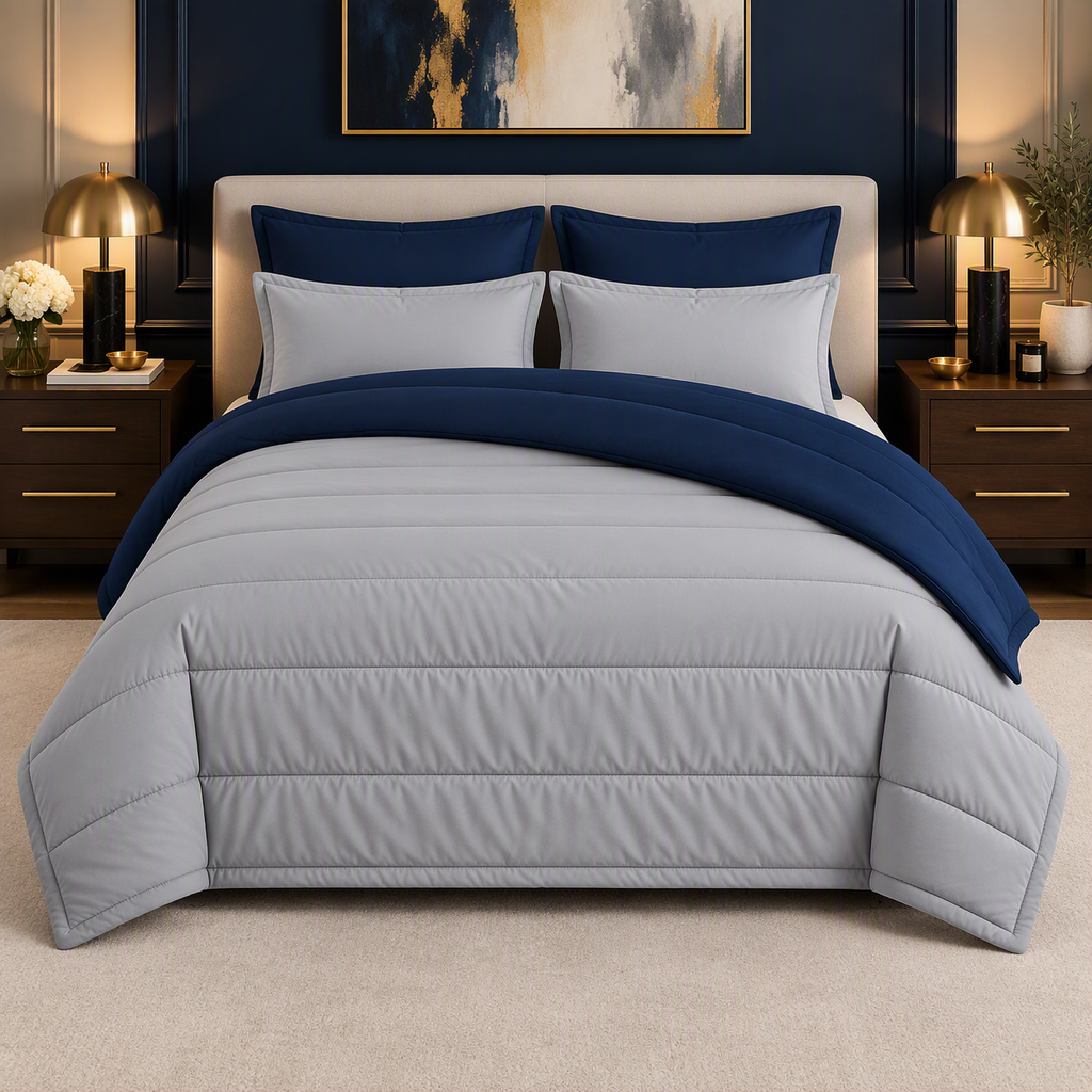Navy & Silver reversible comforter set, silver side up