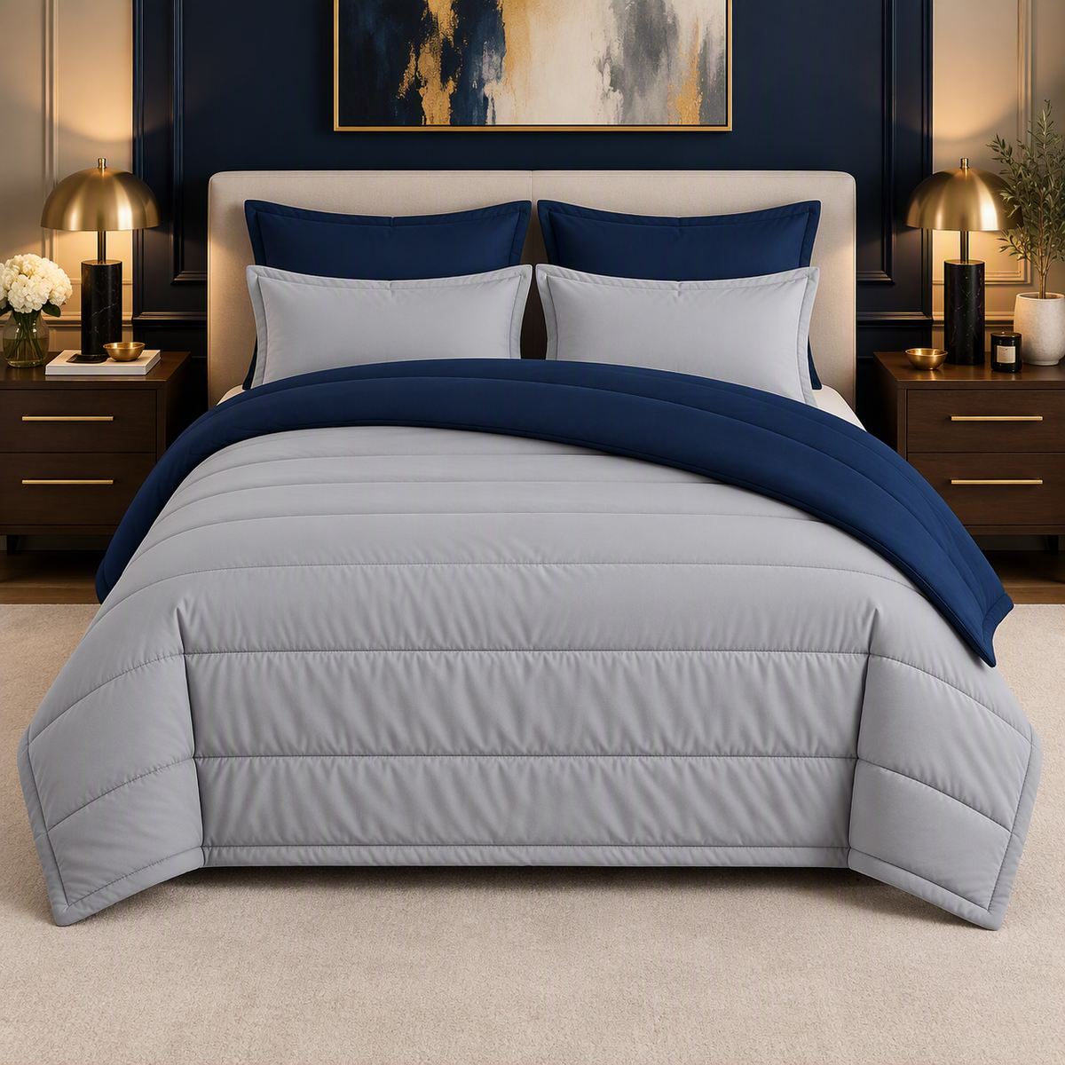 Navy & Silver reversible comforter set, silver side up