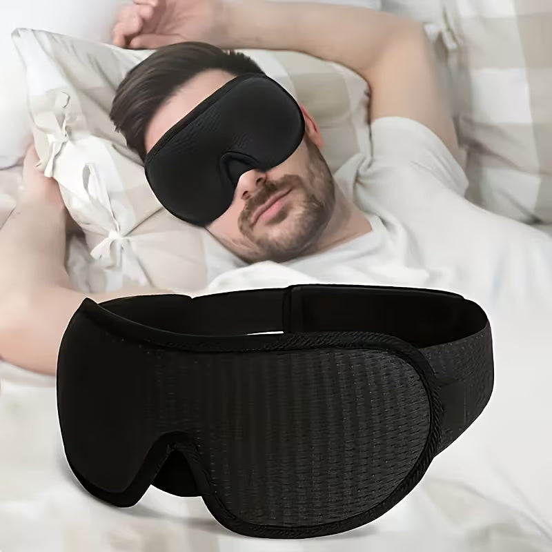 Man sleeping in the Royal Rest Sleep Eye Mask, with the contoured black mask shown in front