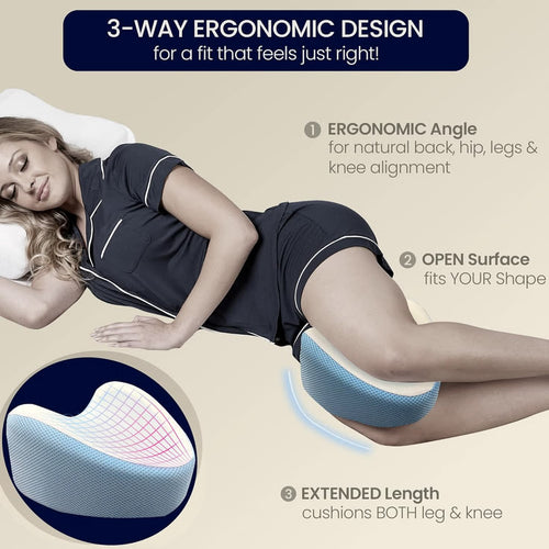 Woman sleeping on her side with the Royal Rest Knee Pillow between her legs, showing its ergonomic angle, open surface and extended length